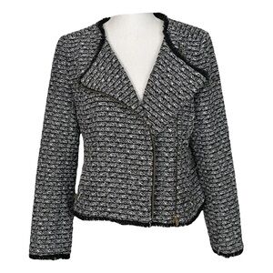 J. Crew Tweed Jacket Women Size 6 Black Fringe Hem Zip Front Moto Blazer Crop